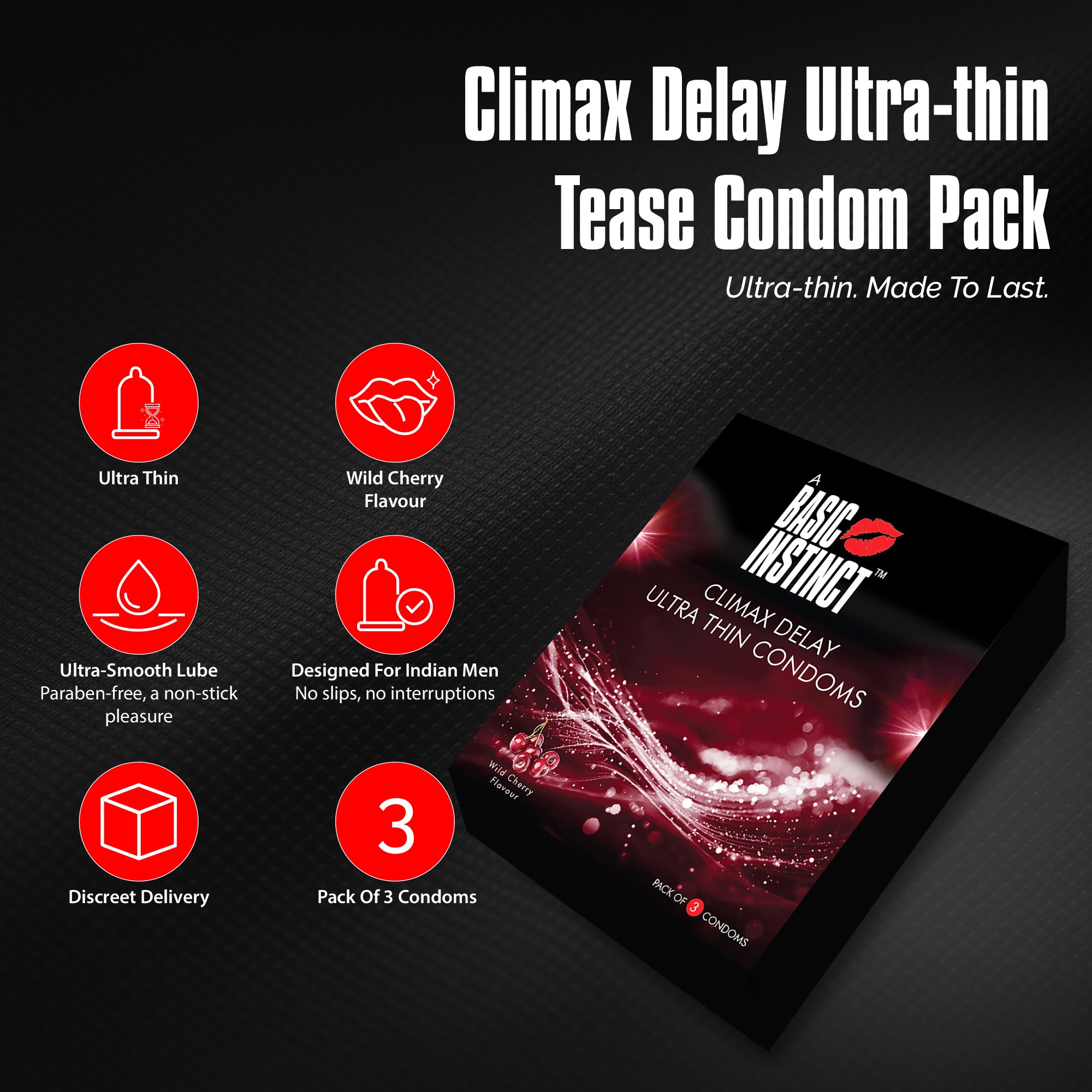 Climax Delay Ultrathin Condoms Wild Cherry Pack of 3