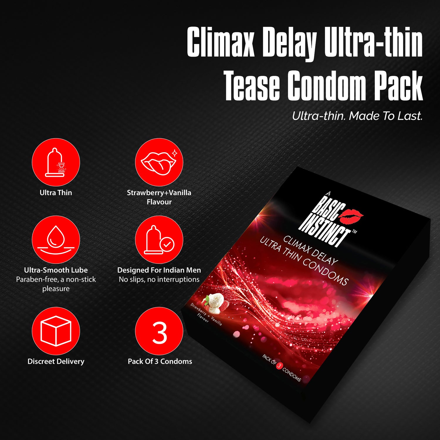 Climax Delay Ultrathin Condoms Strawberry + Vanilla Pack of 3
