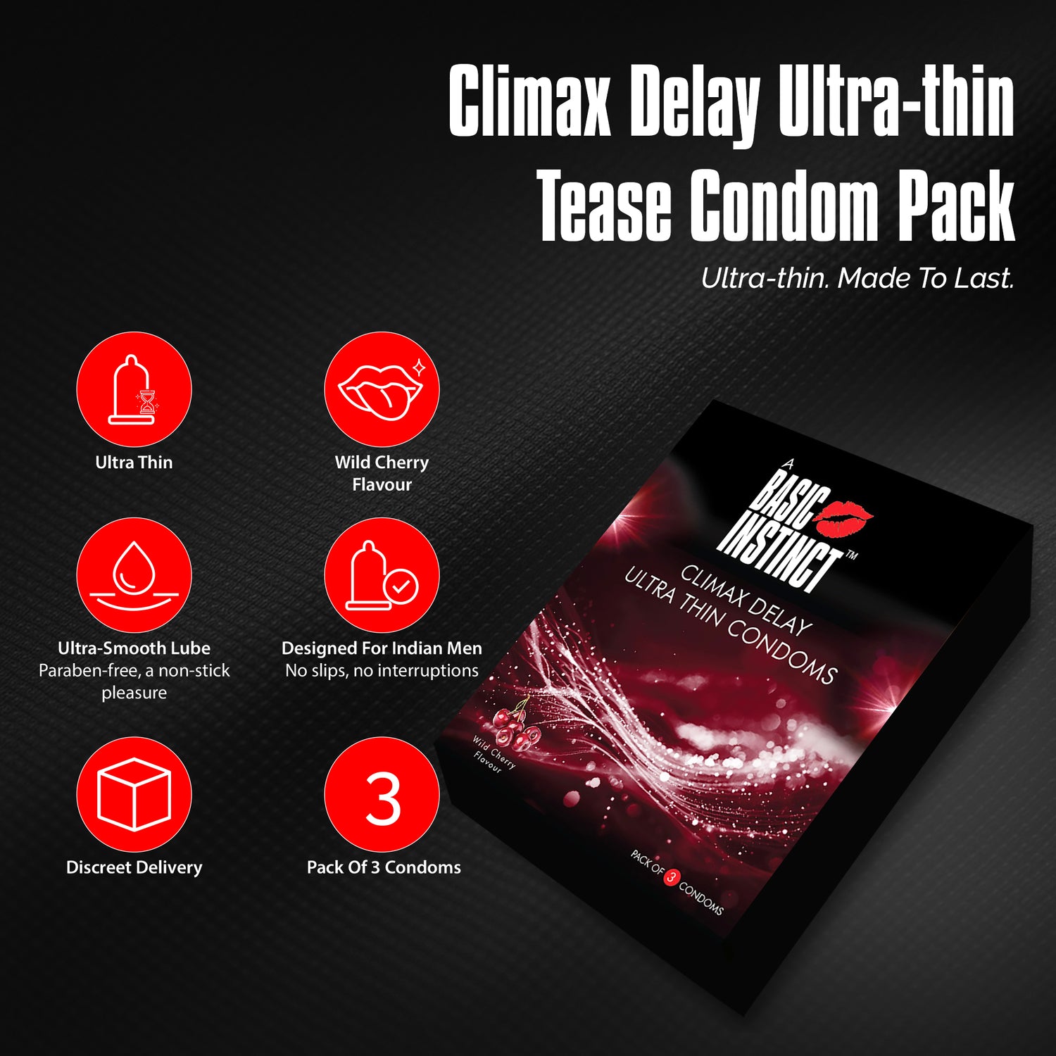 Climax Delay Ultrathin Condoms Wild Cherry Pack of 3